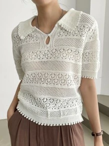 DAZY Polo領網眼針織上衣 - 杏色 - 查看 1