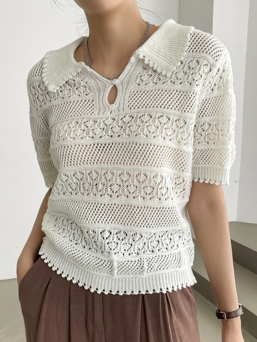 DAZY Polo領網眼針織上衣 - 杏色 - 查看 1