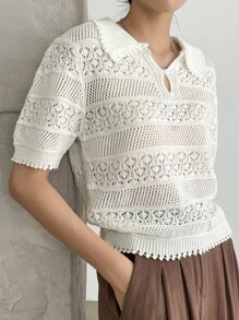 DAZY Polo領網眼針織上衣 - 杏色 - 查看 2