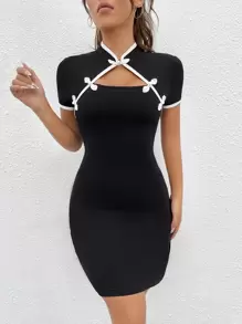 SHEIN ICON Mandarin Collar Contrast Trim Cut Out Front Bodycon Dress - Black - View 3