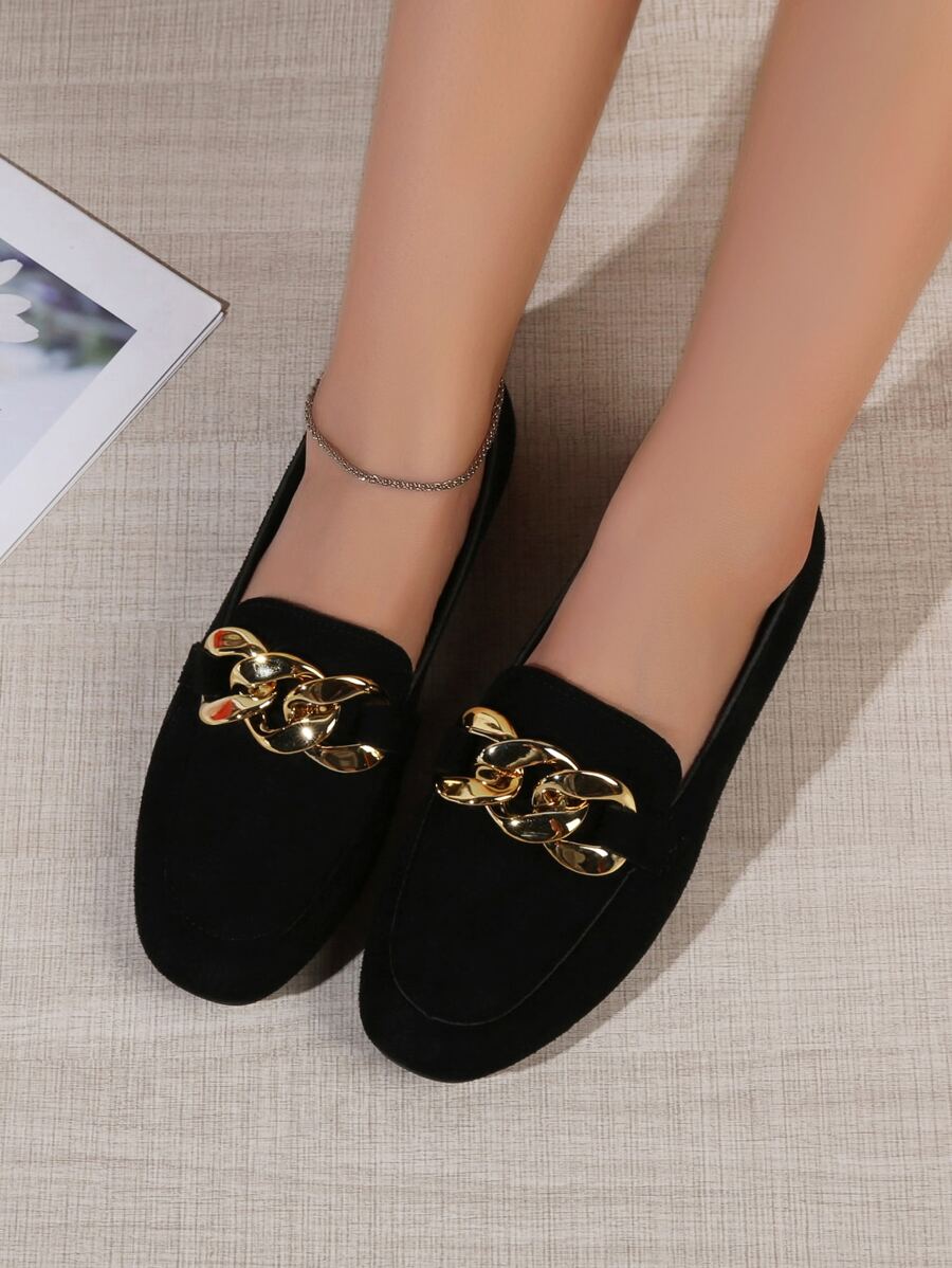 Suedette Chain Decor Flat Loafers - Black - View 1