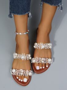 女士优雅珍珠装饰人字拖凉鞋，舒适平底沙滩度假凉鞋，大码，春夏穿搭 - 棕色 - 查看 7