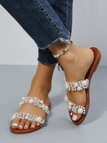 女士优雅珍珠装饰人字拖凉鞋，舒适平底沙滩度假凉鞋，大码，春夏穿搭 - 棕色 - 查看 2