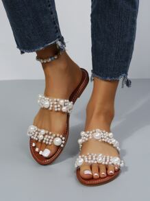 女士优雅珍珠装饰人字拖凉鞋，舒适平底沙滩度假凉鞋，大码，春夏穿搭 - 棕色 - 查看 4