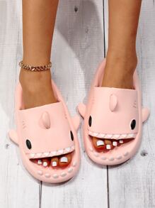 Shark Design Slides, Light Pink Preppy Style Collegiate Cartoon Slippers - Baby Pink - View 4