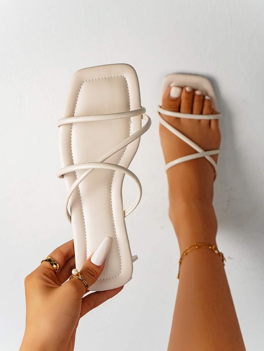 planare Fashionable Outdoors White Flat Slippers For Women, Multi Thin Strap Plain Artificial Leather Open Toe Slide Sandals - Beige - View 1