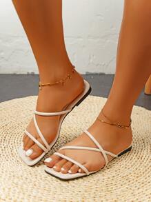 planare Fashionable Outdoors White Flat Slippers For Women, Multi Thin Strap Plain Artificial Leather Open Toe Slide Sandals - Beige - View 6