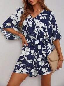 Random Floral Print Batwing Sleeve Belted Romper - Blue - View 1