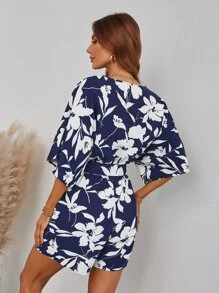 Random Floral Print Batwing Sleeve Belted Romper - Blue - View 2