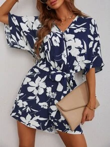 Random Floral Print Batwing Sleeve Belted Romper - Blue - View 4