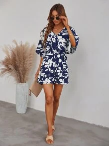 Random Floral Print Batwing Sleeve Belted Romper - Blue - View 5