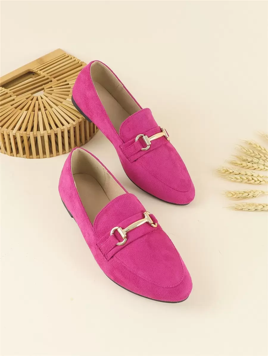 Women Faux Suede Metal Decor Loafers, Fashion Outdoor Flats - Hot Pink - View 1