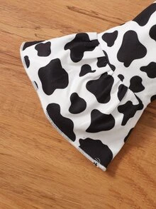 Baby Slogan Graphic Ruffle Trim Tee & Cow Pattern Flare Leg Trousers & Headband - Black and White - View 4