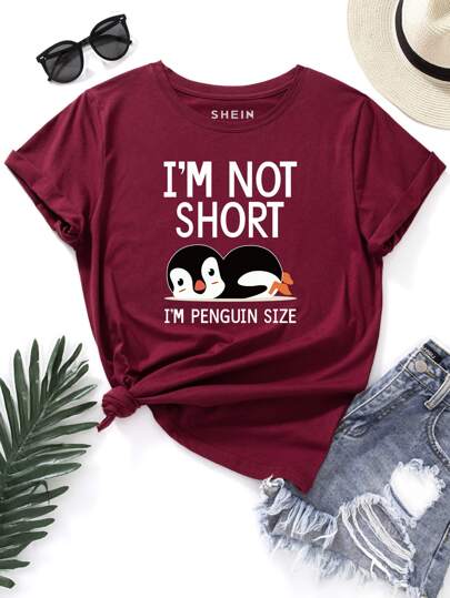INAWLY Penguin & Slogan Graphic Tee I'M NOT SHORT I'M PENGUIN SIZE Graphic Tees Women Tops