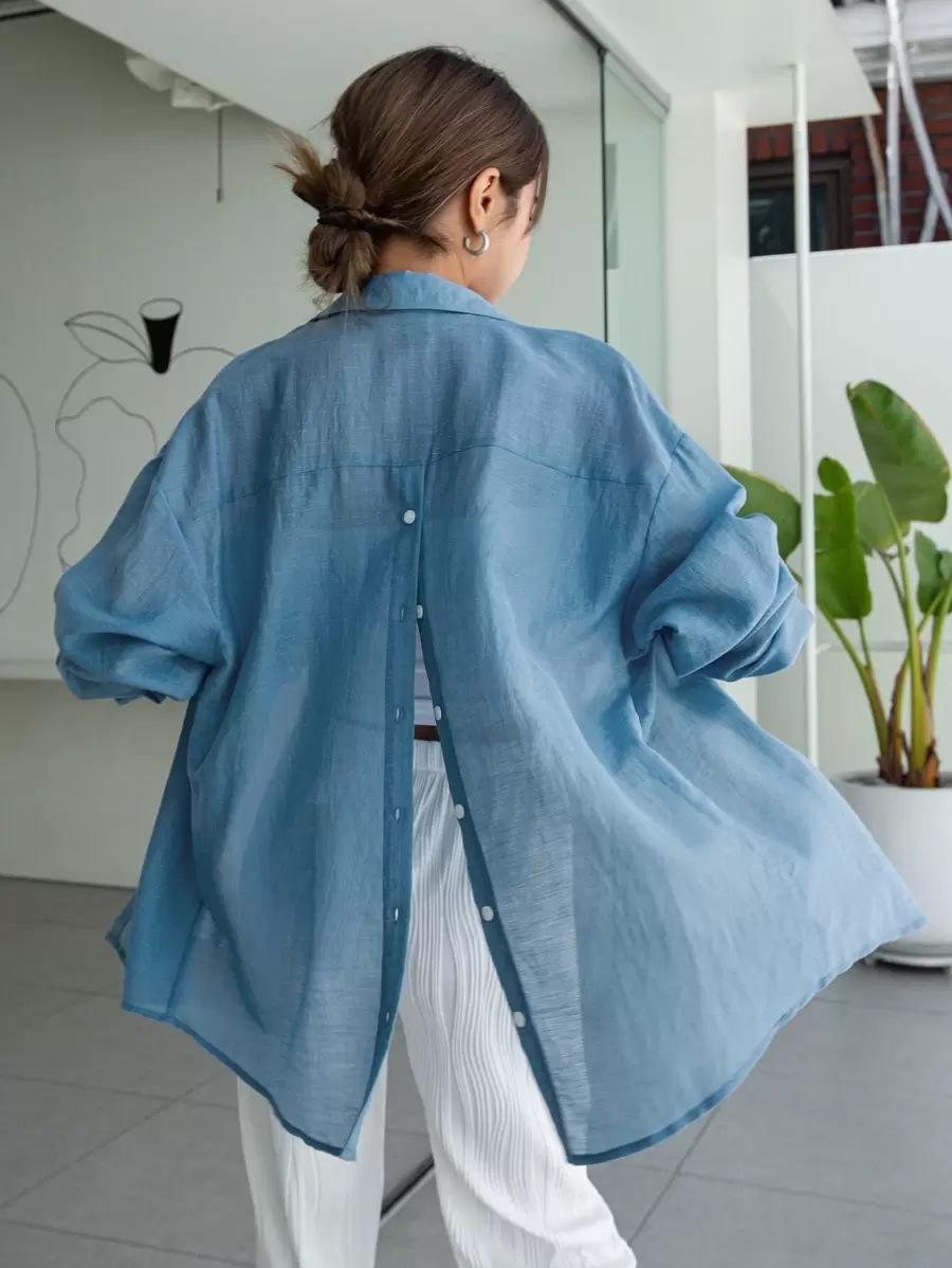 DAZY Camisa Con Botones, Hombros Caídos, Sin Banda - Azul - Ver 1