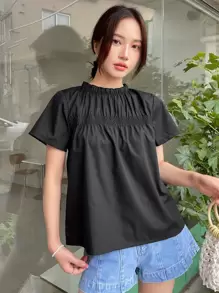DAZY Chi tiết Shirred Xếp nếp Cái cổ Áo sơ mi - màu đen - Xem 1