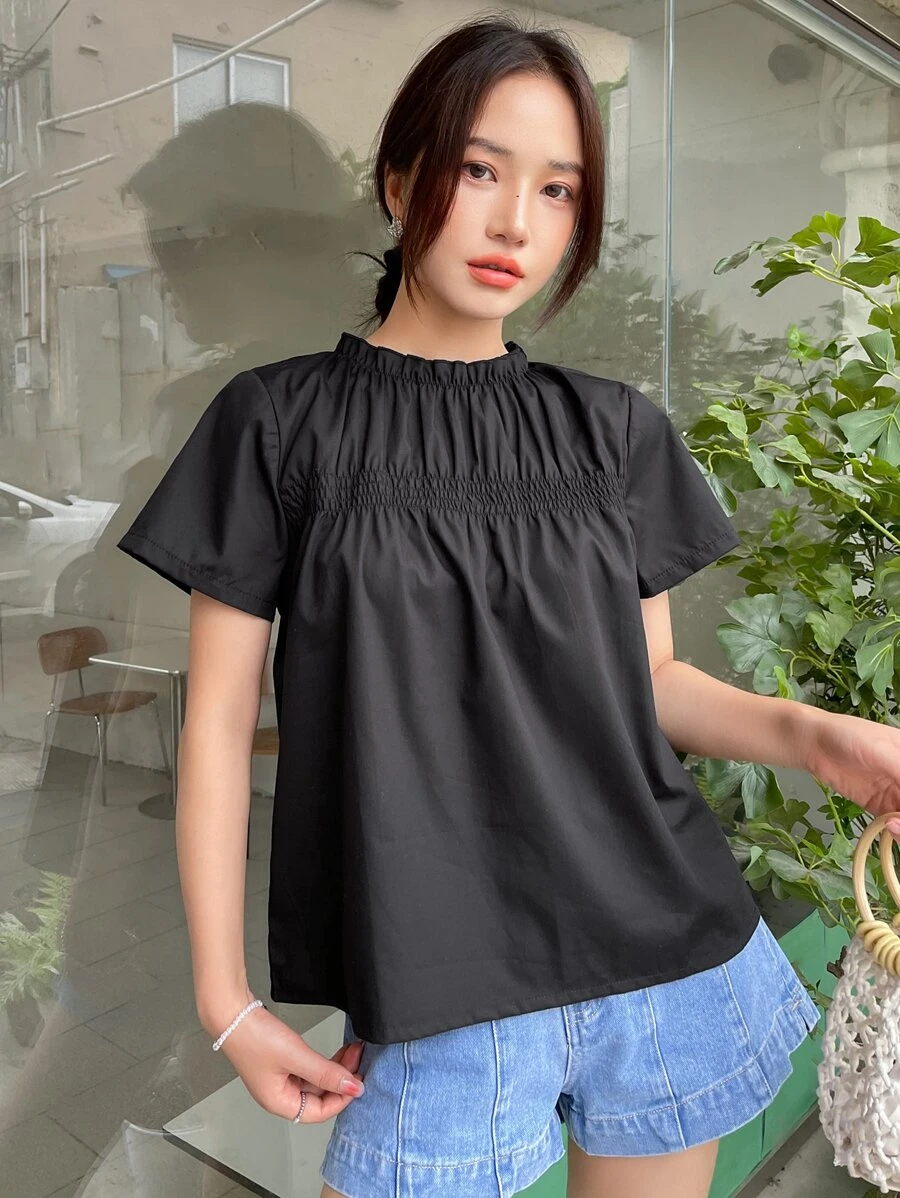 DAZY Chi tiết Shirred Xếp nếp Cái cổ Áo sơ mi - màu đen - Xem 1