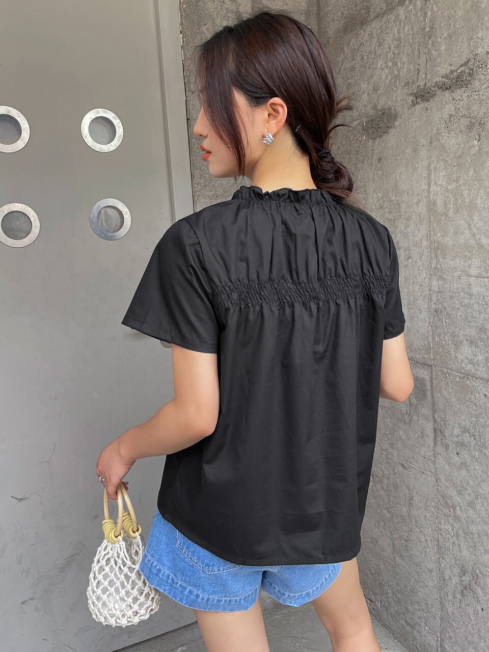 Shirred Detail Frilled Neck Blouse