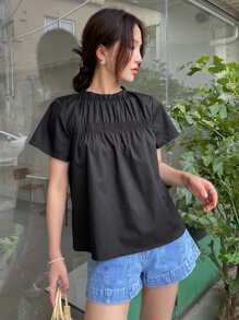 DAZY Chi tiết Shirred Xếp nếp Cái cổ Áo sơ mi - màu đen - Xem 3