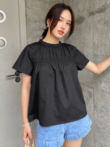 DAZY Chi tiết Shirred Xếp nếp Cái cổ Áo sơ mi - màu đen - Xem 4