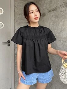DAZY Chi tiết Shirred Xếp nếp Cái cổ Áo sơ mi - màu đen - Xem 5