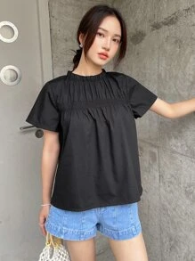 DAZY Chi tiết Shirred Xếp nếp Cái cổ Áo sơ mi - màu đen - Xem 6