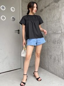 DAZY Chi tiết Shirred Xếp nếp Cái cổ Áo sơ mi - màu đen - Xem 7