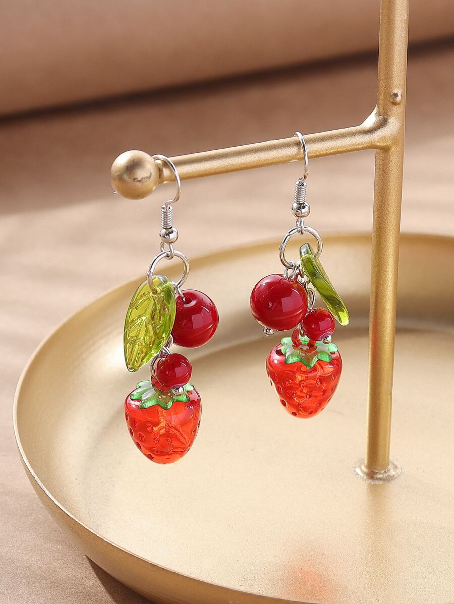 樹葉和草莓耳墜 - 彩色 - 查看 1