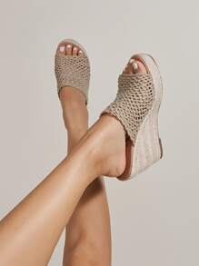 鏤空草編鞋底坡跟涼鞋 - 卡其色 - 查看 1