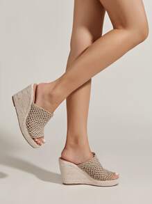 鏤空草編鞋底坡跟涼鞋 - 卡其色 - 查看 4