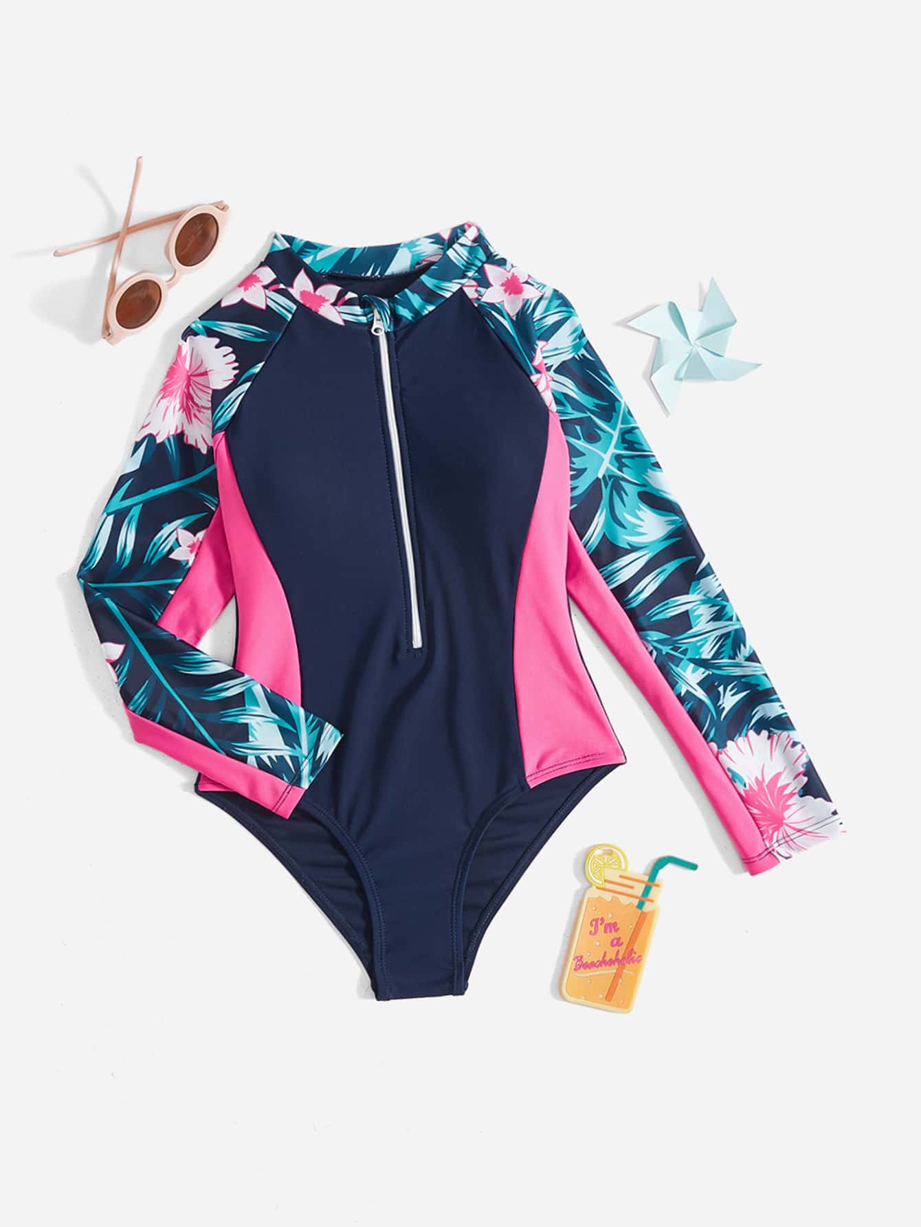 SHEIN Tween Girl Tropical Print Raglan Sleeve Zipper One Piece Swimsuit - Multicolor - View 1