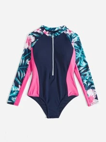 SHEIN Tween Girl Tropical Print Raglan Sleeve Zipper One Piece Swimsuit - Multicolor - View 3