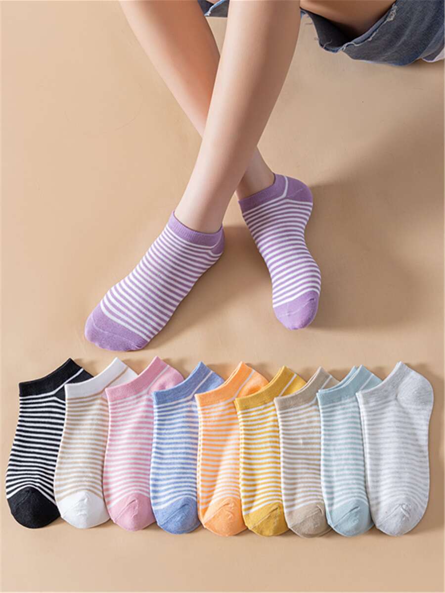 10pairs Striped Print Ankle Socks - Multicolor - View 1
