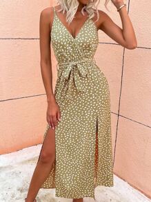 SHEIN VCAY Allover Print Slit Hem Belted Cami Dress - Mustard Yellow - View 1