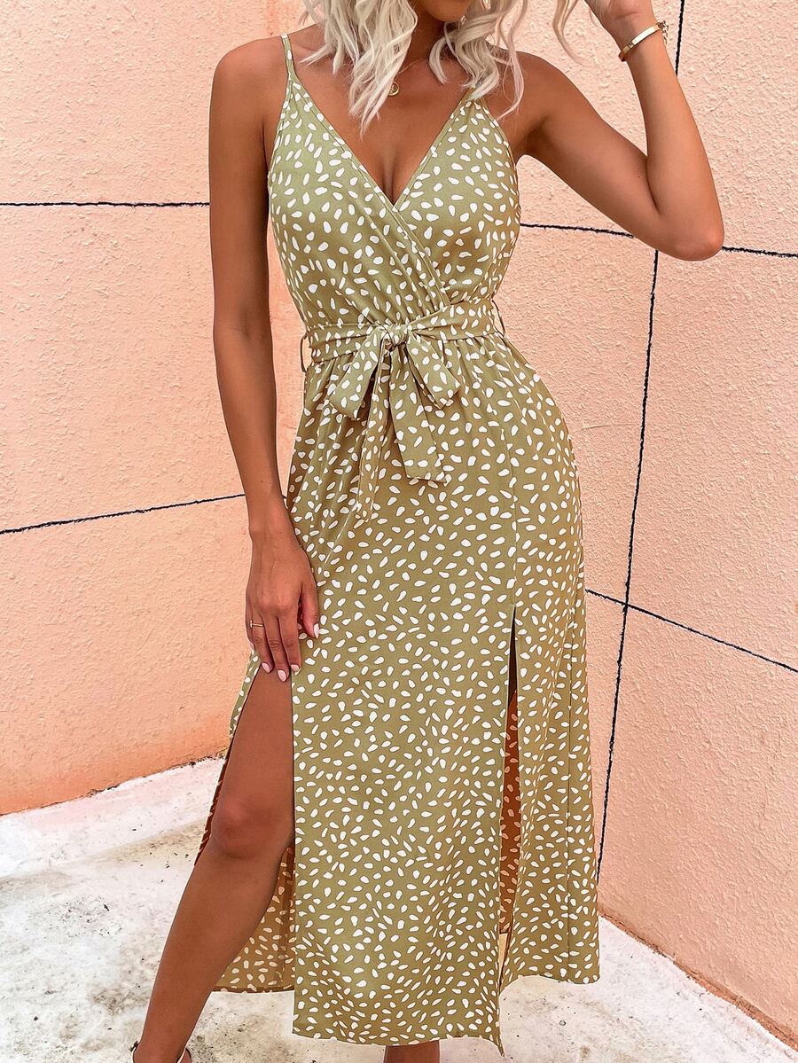 SHEIN VCAY Allover Print Slit Hem Belted Cami Dress - Mustard Yellow - View 1