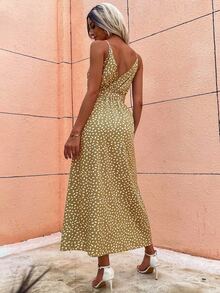 SHEIN VCAY Allover Print Slit Hem Belted Cami Dress - Mustard Yellow - View 2