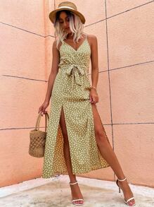 SHEIN VCAY Allover Print Slit Hem Belted Cami Dress - Mustard Yellow - View 3