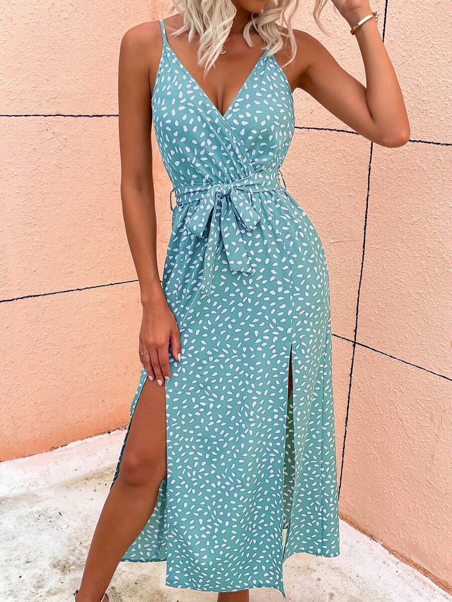 Breezaya Allover Print Slit Hem Belted Cami Dress - Mint Blue - View 1