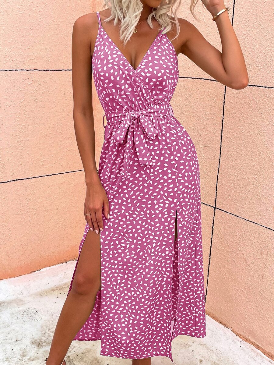 SHEIN VCAY Ditsy Floral Print Slit Hem Belted Cami Dress - Hot Pink - View 1