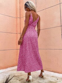 SHEIN VCAY Ditsy Floral Print Slit Hem Belted Cami Dress - Hot Pink - View 2