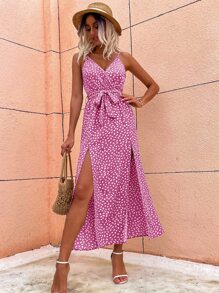 SHEIN VCAY Ditsy Floral Print Slit Hem Belted Cami Dress - Hot Pink - View 3