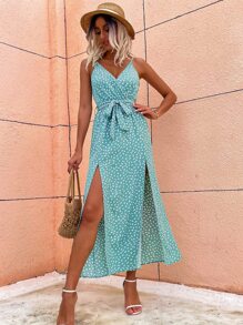 Breezaya Allover Print Slit Hem Belted Cami Dress - Mint Blue - View 5
