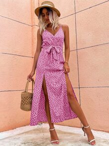 SHEIN VCAY Ditsy Floral Print Slit Hem Belted Cami Dress - Hot Pink - View 4