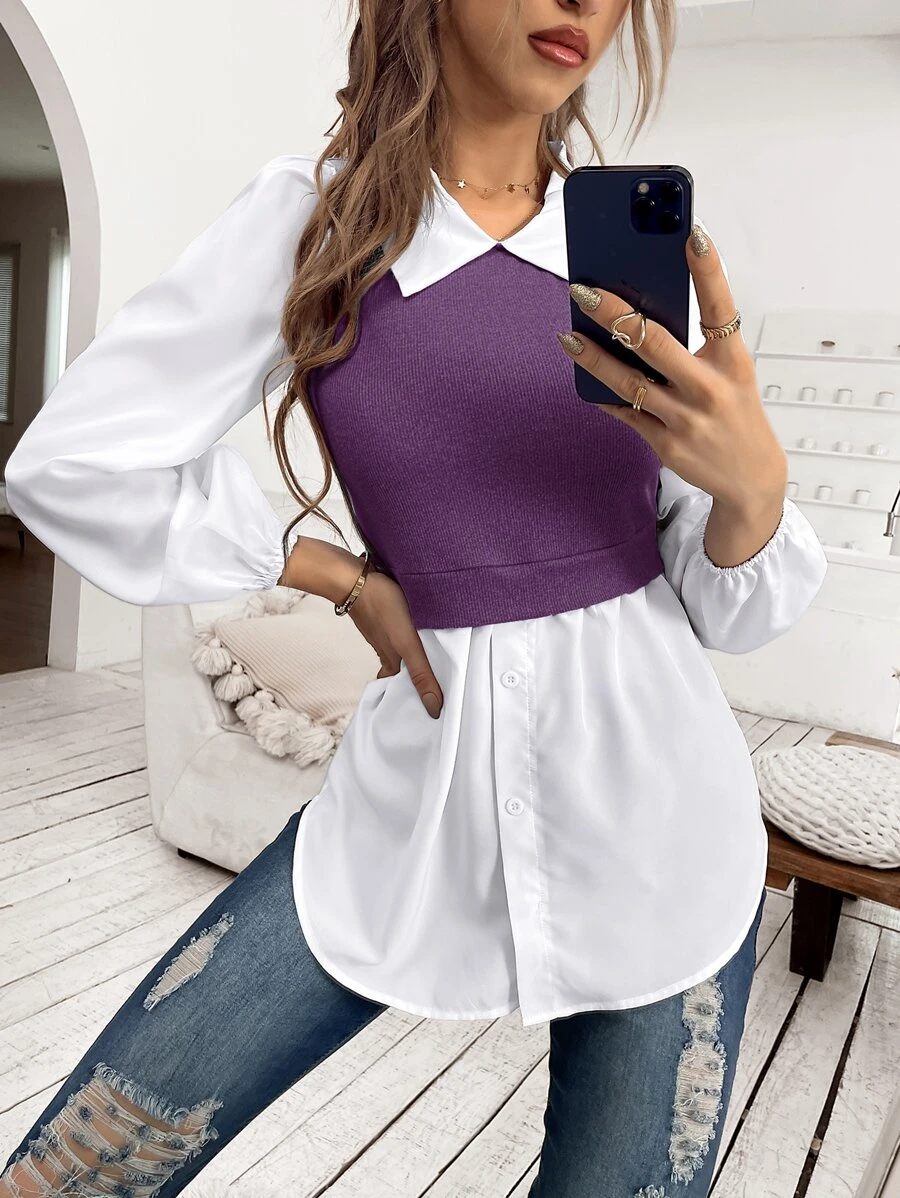 SHEIN Unity Top 2 en 1 de color combinado de manga farol - Multicolor - Ver 1