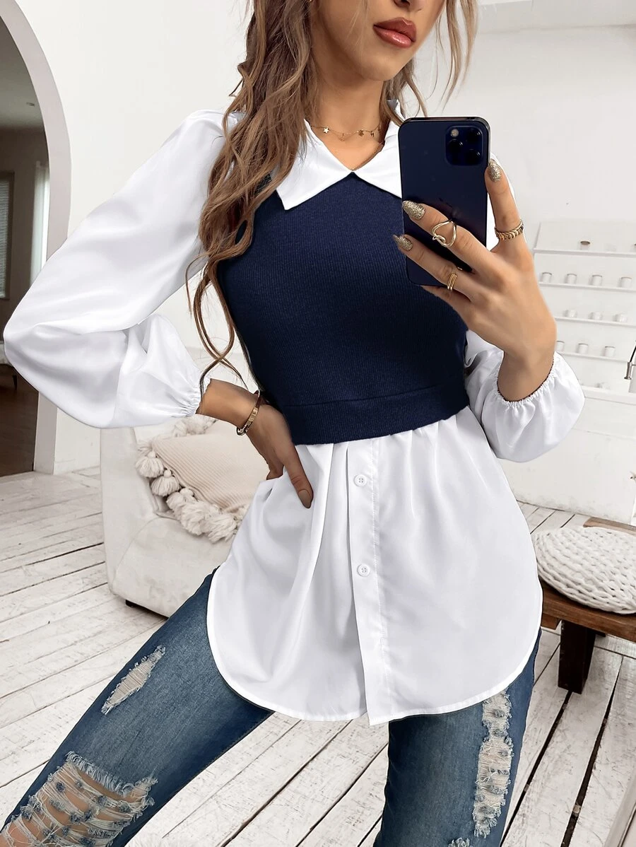 SHEIN Unity 撞色二合一长袖休闲灯笼袖百搭衬衫 - 藏蓝色 - 查看 1