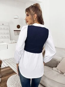 SHEIN Unity 撞色二合一长袖休闲灯笼袖百搭衬衫 - 藏蓝色 - 查看 2