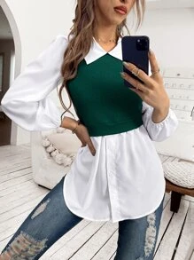 SHEIN LUNE Top 2 en 1 de color combinado de manga farol - Multicolor - Ver 1