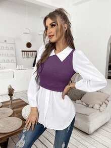 SHEIN Unity Top 2 en 1 de color combinado de manga farol - Multicolor - Ver 5