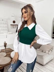 SHEIN LUNE Top 2 en 1 de color combinado de manga farol - Multicolor - Ver 4