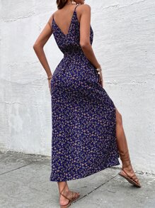 SHEIN VCAY Ditsy Floral Print Slit Hem Belted Cami Dress - Purple - View 2